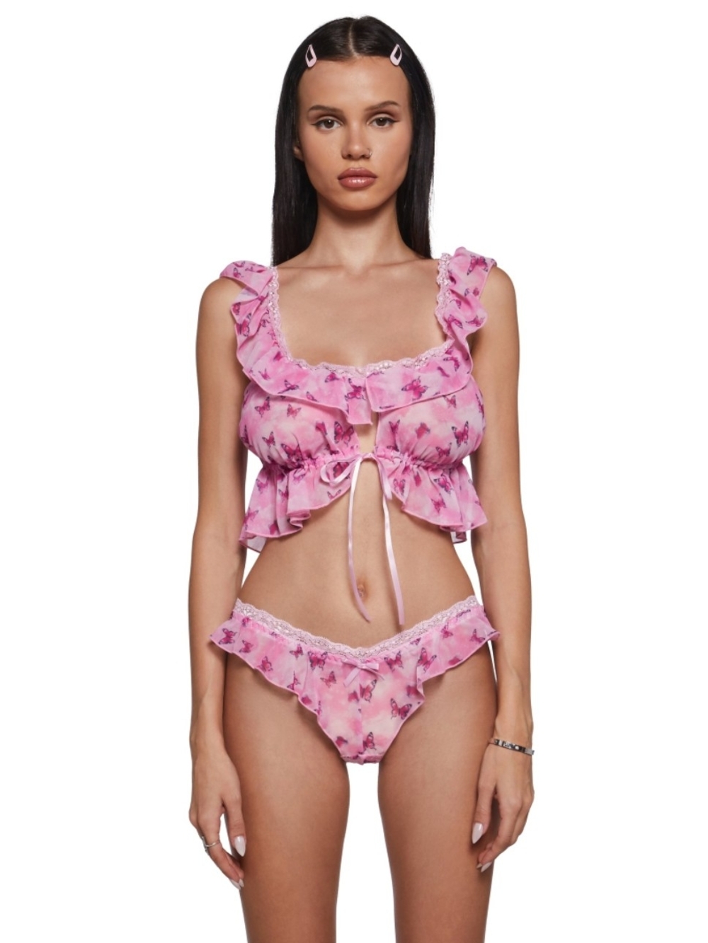 Sugar Thrillz Pink Floral Ruffle Tie-Front Lingerie Set